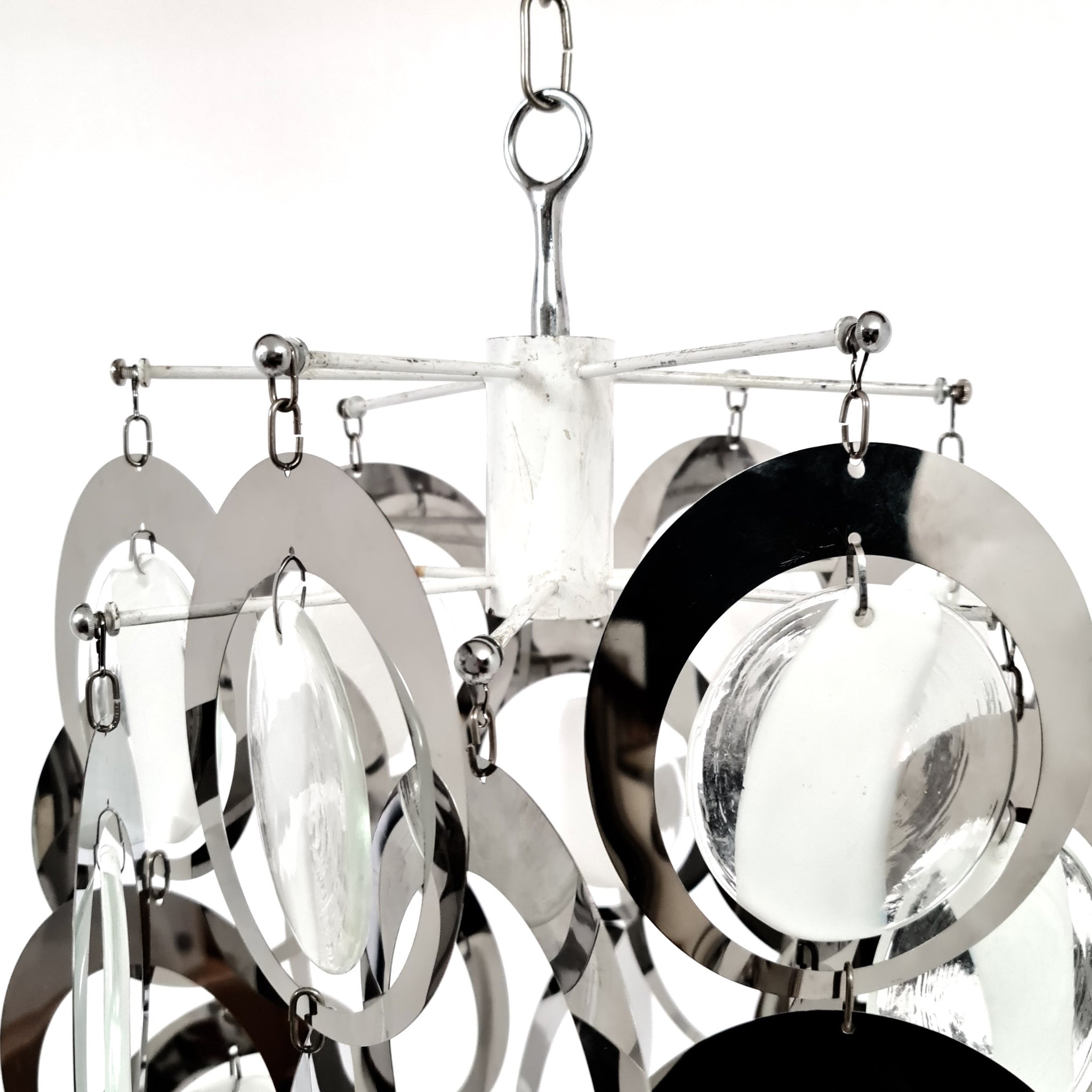 Large 1970's glass disk and chrome ring Italian hanging light.