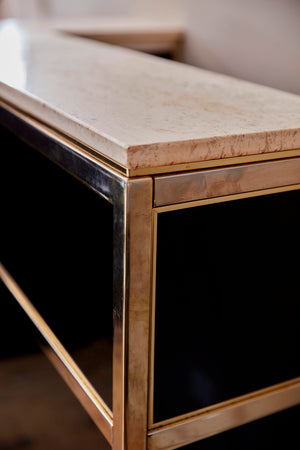 Striking 1970's Italian Black and gold bar with Travertine marble top.