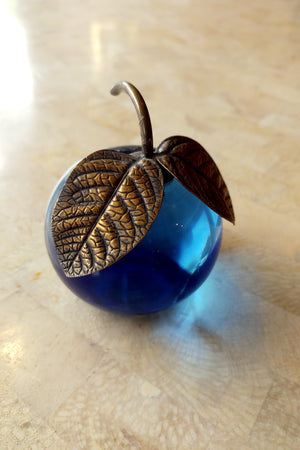 Brass and Blue Glass Apple Paperweight