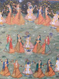 Large vintage painting of the divine dance of Lord Krishna.