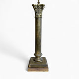 Classical pair of brass table lamps with tapered white glass shades.