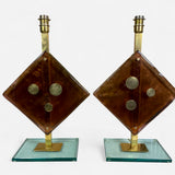 Pair of large brass and amber glass Murano table lamps,
