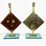 Pair of large brass and amber glass Murano table lamps,