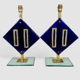 Pair of vintage cobalt blue murano glass and brass lamps.