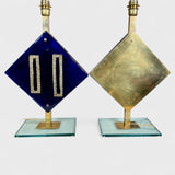 Pair of vintage cobalt blue murano glass and brass lamps.