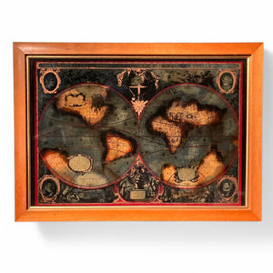 1970's reverse painted on glass antique world map in maple frame.
