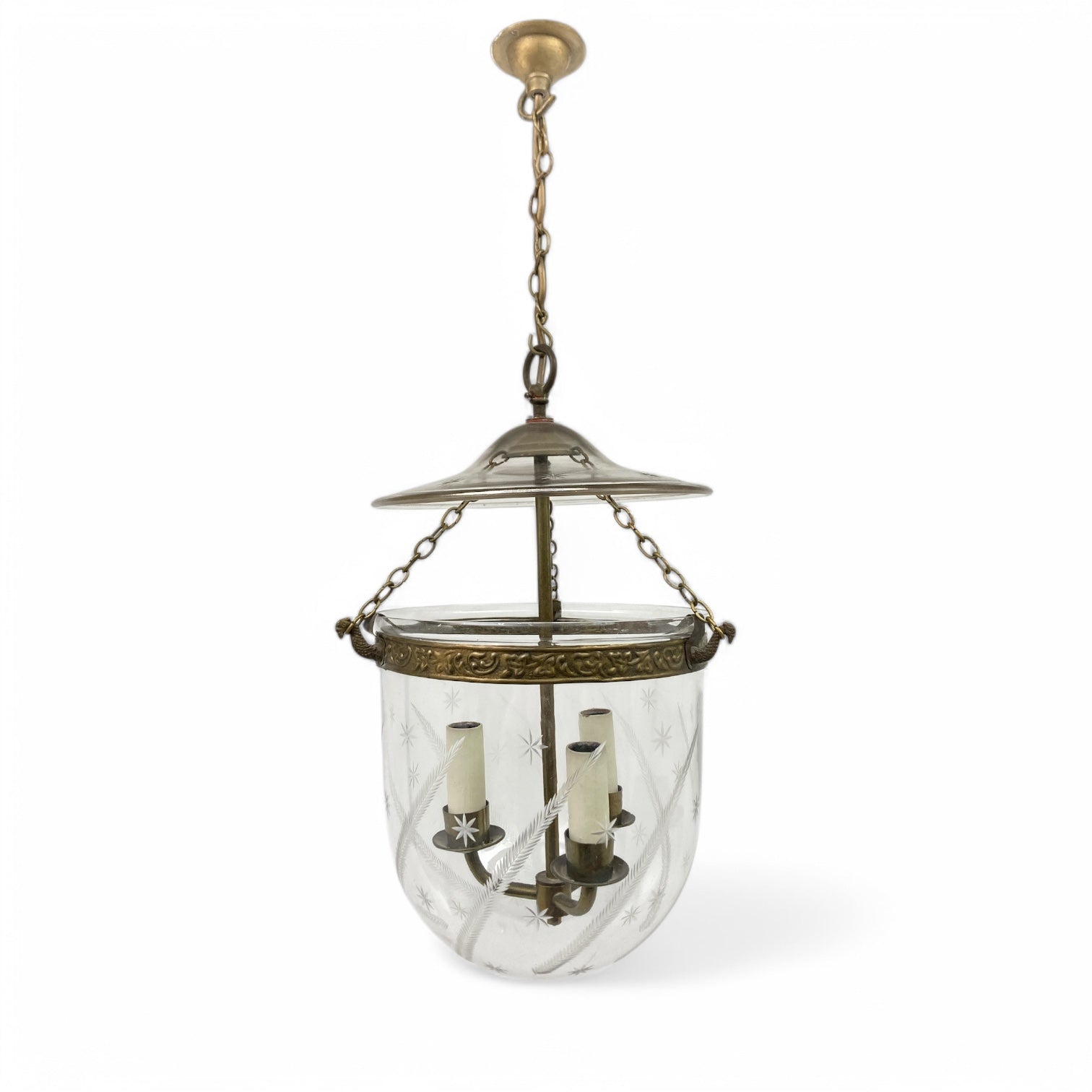 Hundi lantern with etched glass body and brass 3 light fitting.
