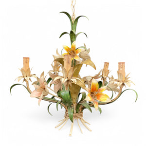 Vintage Italian tole chandelier with painted lilies and foliage.