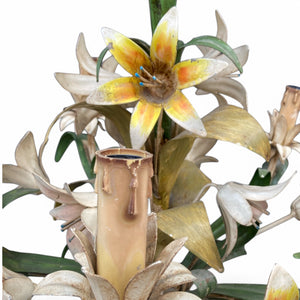Vintage Italian tole chandelier with painted lilies and foliage.