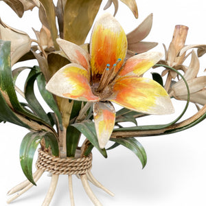 Vintage Italian tole chandelier with painted lilies and foliage.