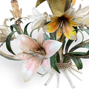 Vintage Italian tole chandelier with painted lilies and foliage.