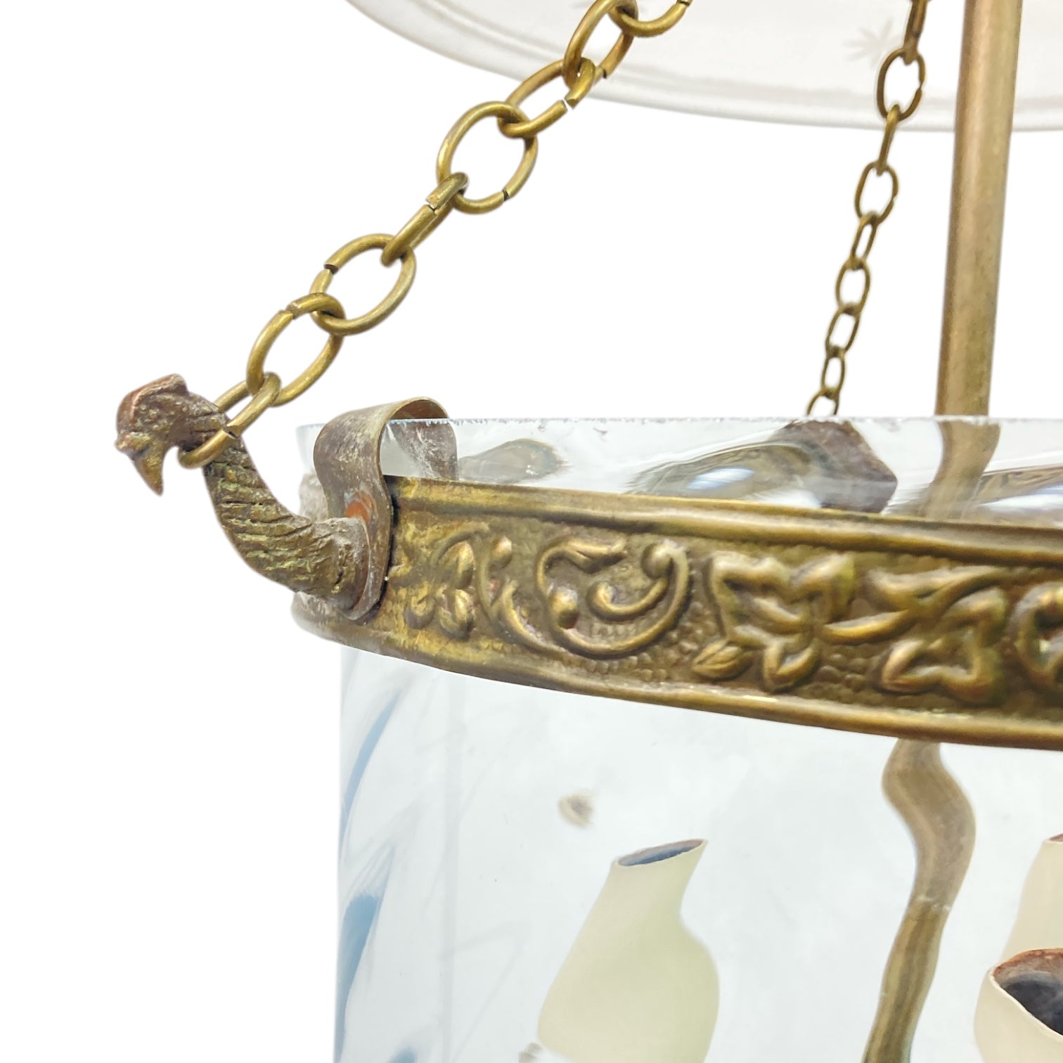 Hundi lantern with etched glass body and brass 3 light fitting.