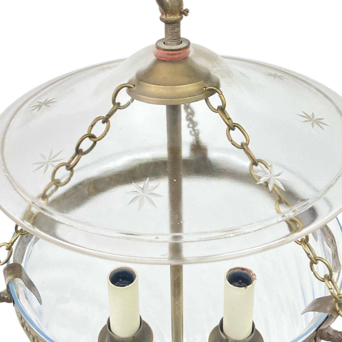 Hundi lantern with etched glass body and brass 3 light fitting.