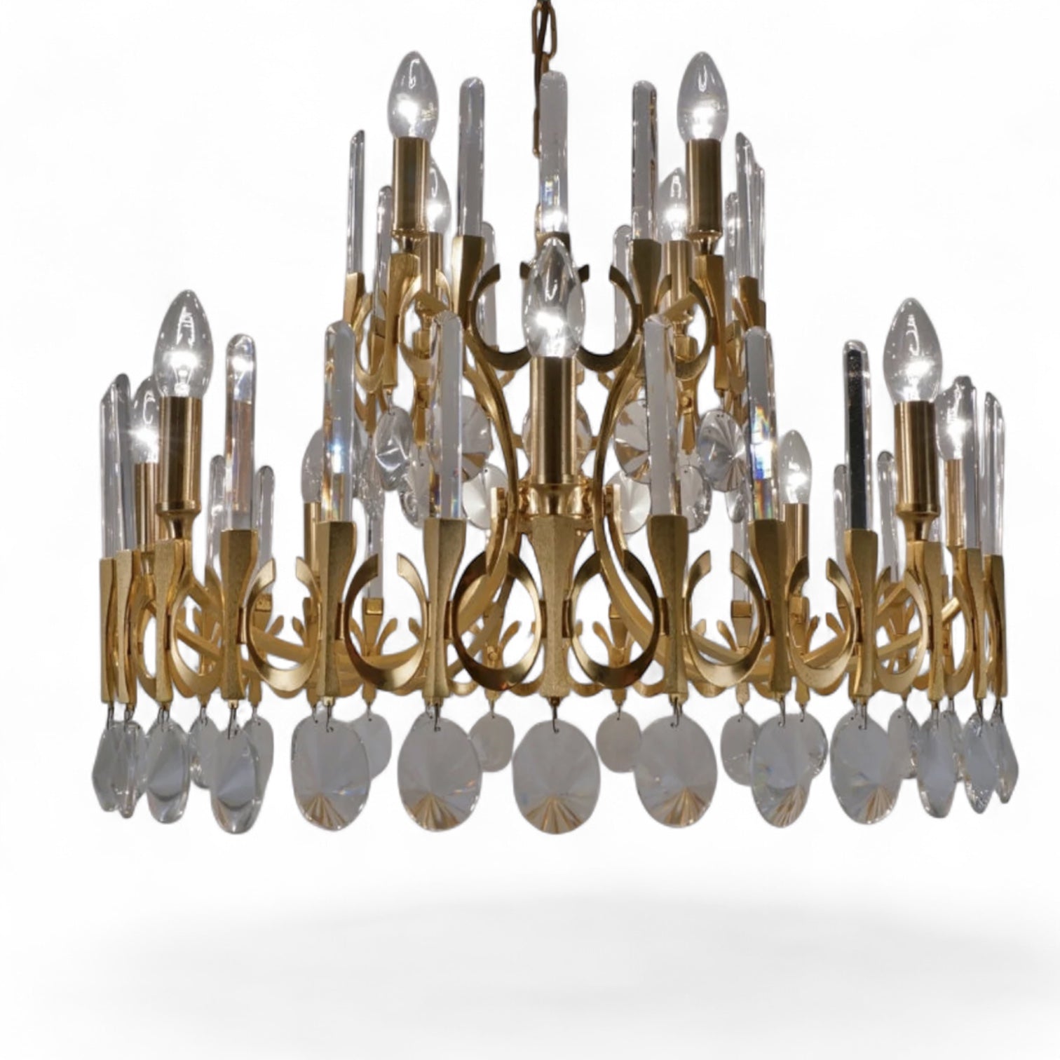 Large 1970's Gilt metal chandelier by Gaetano Sciolari .