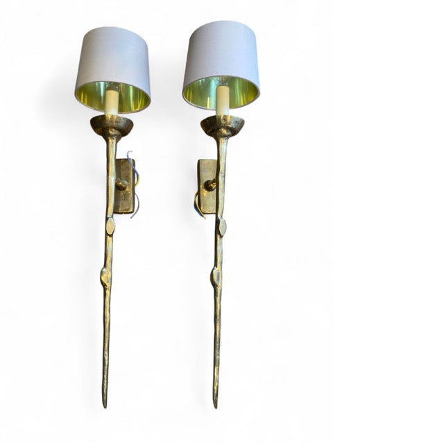 Pair of large solid brass wall lights with custom linen shades.