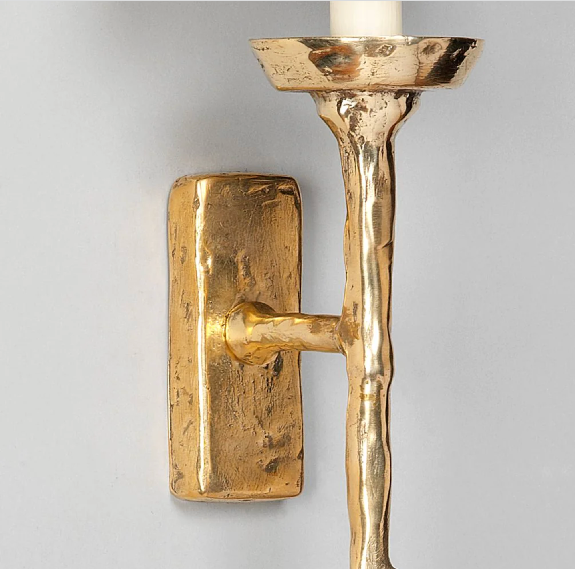 Pair of large solid brass wall lights with custom linen shades.