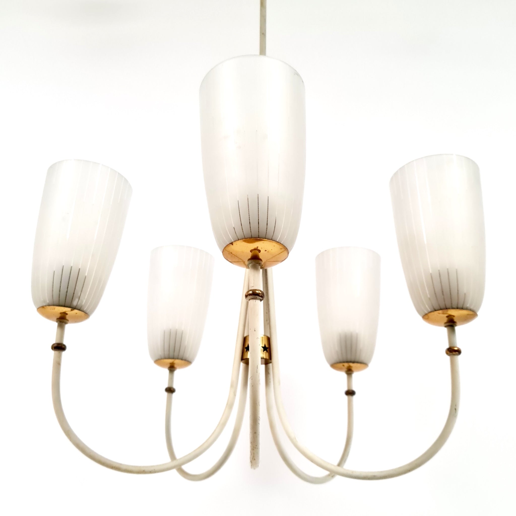 Decorative 1950's Italian chandelier with etched glass shades .