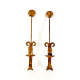Pair of unusual vintage wrought metal wall lights with gilt finish.