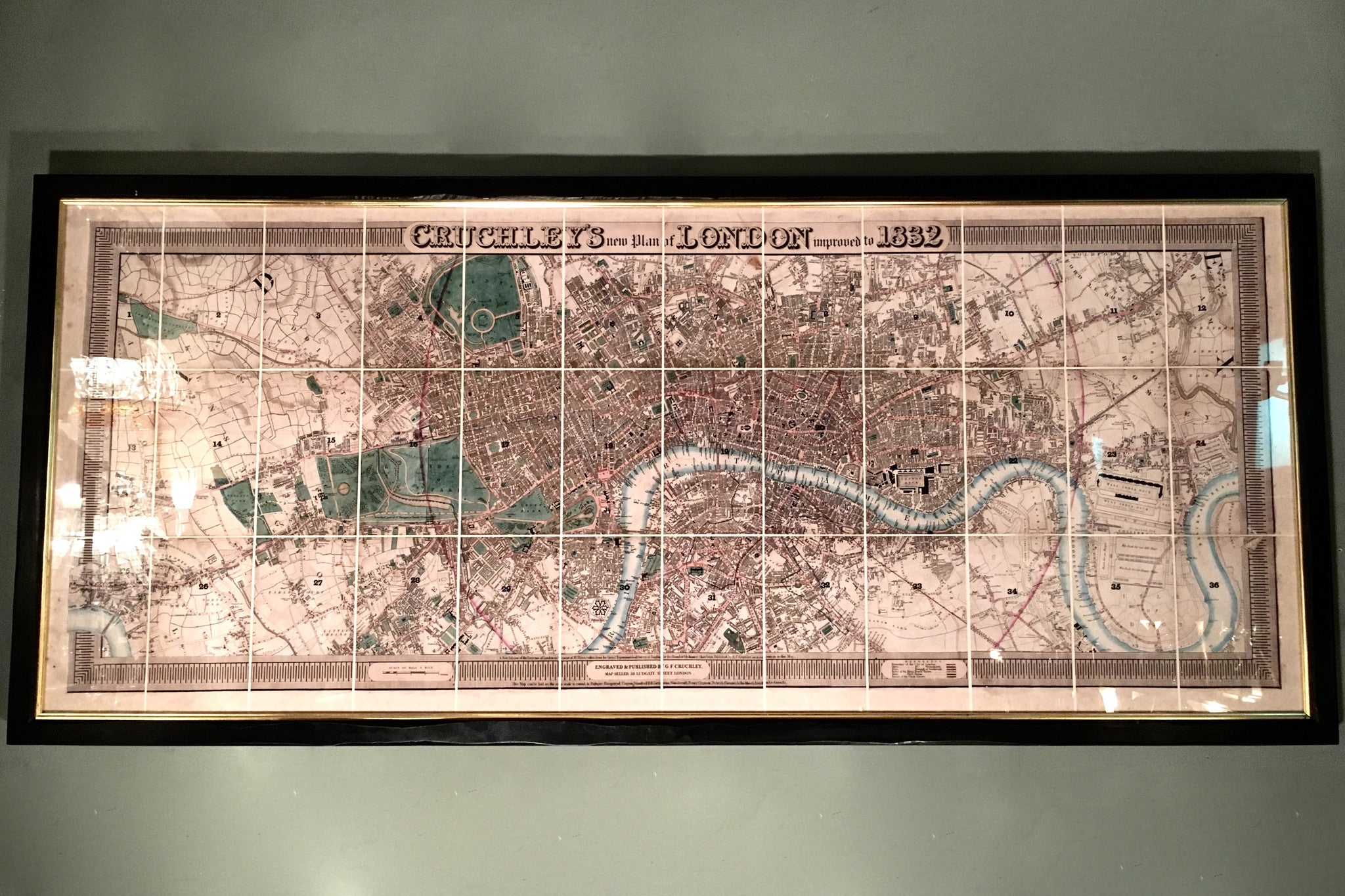 X Framed Linen backed , hand made  replica of Cruchleys  map of London 1832 .
