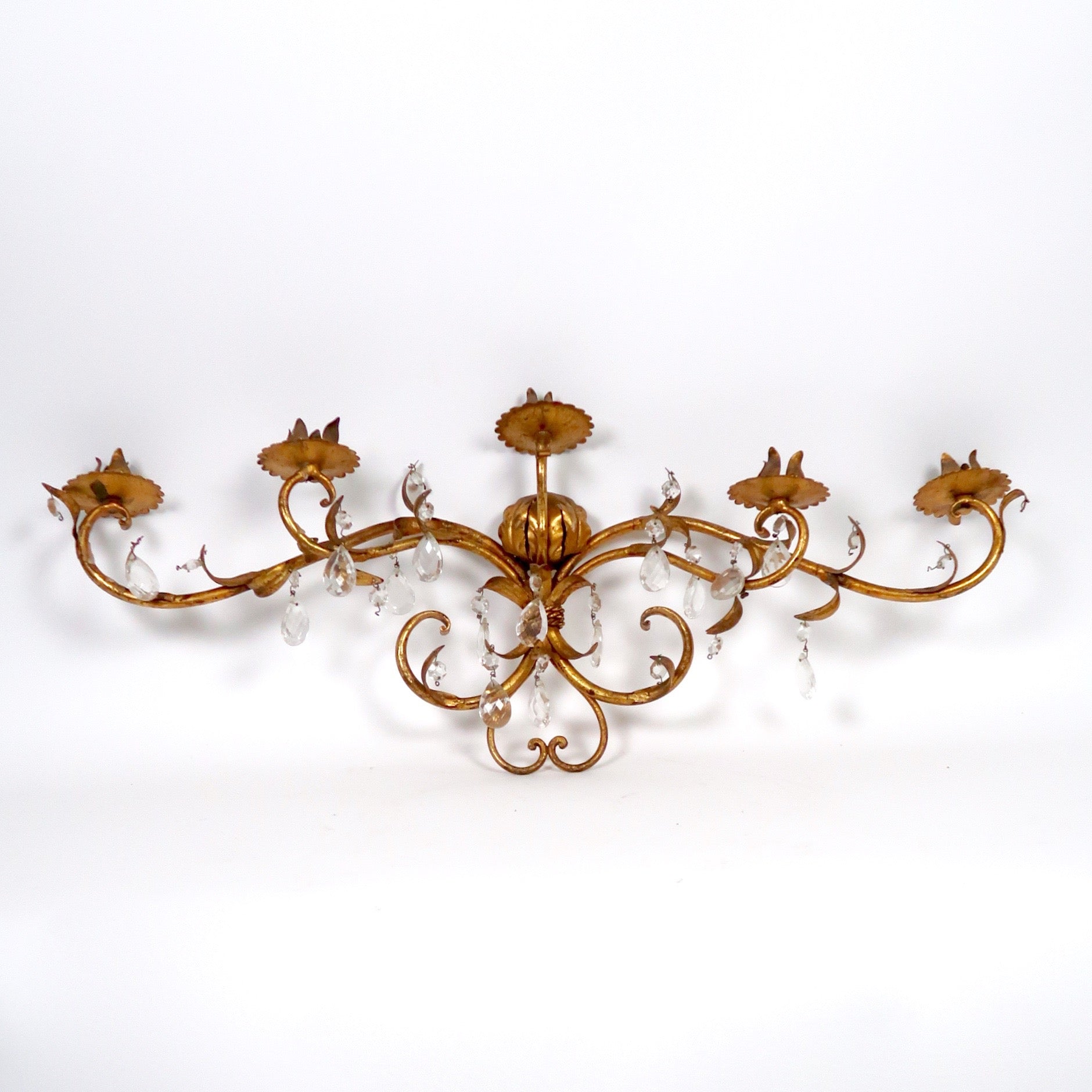 Unusual gilt metal Italian wall light with glass drops circa 1950 .