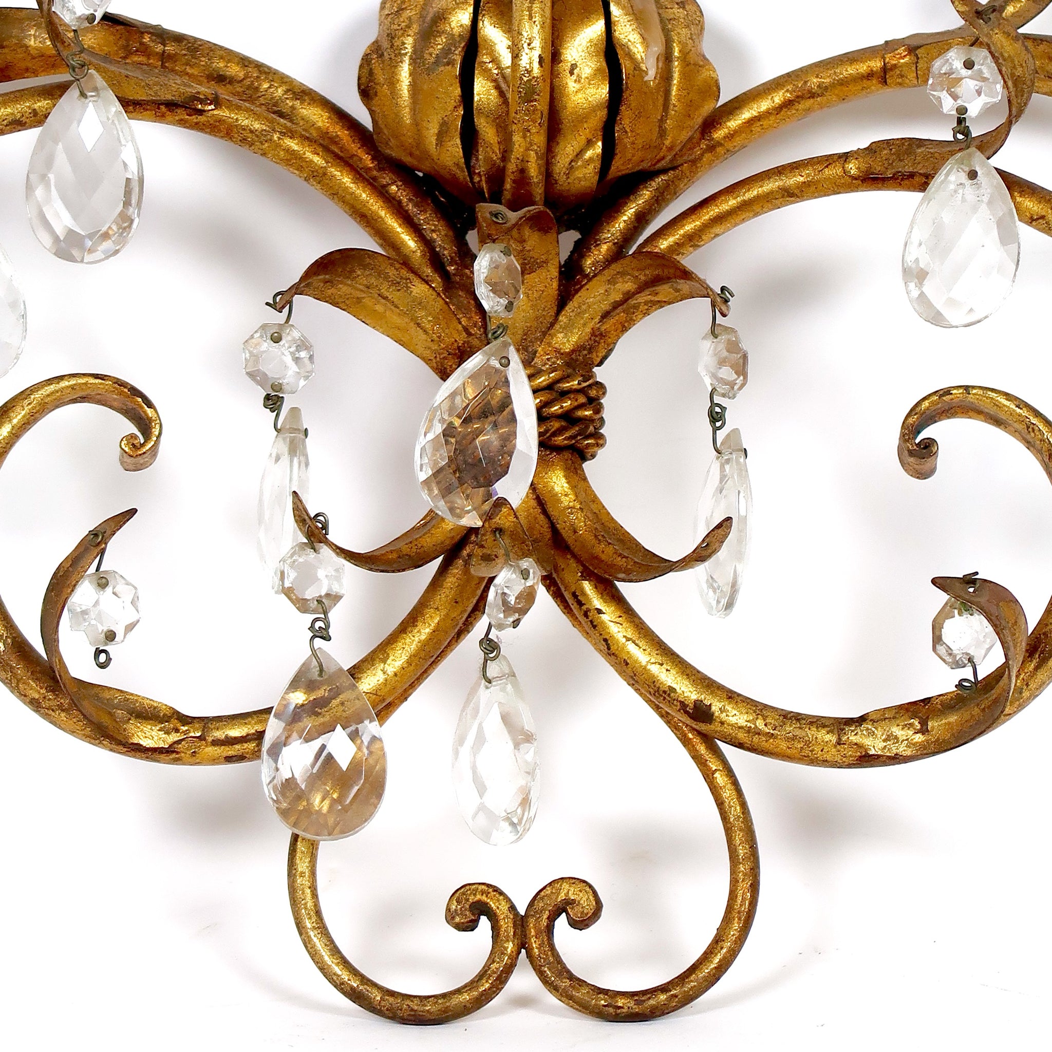Unusual gilt metal Italian wall light with glass drops circa 1950 .