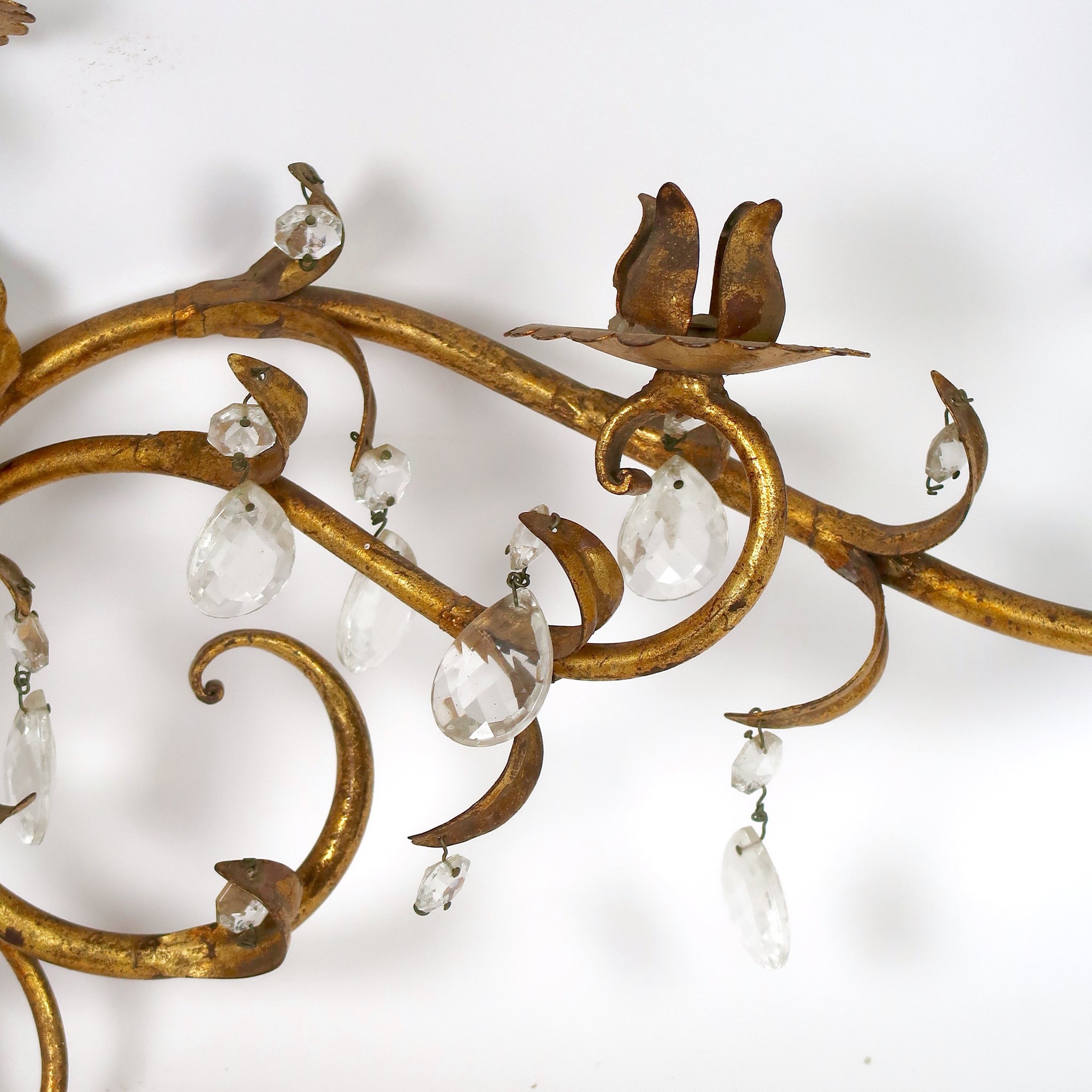 Unusual gilt metal Italian wall light with glass drops circa 1950 .