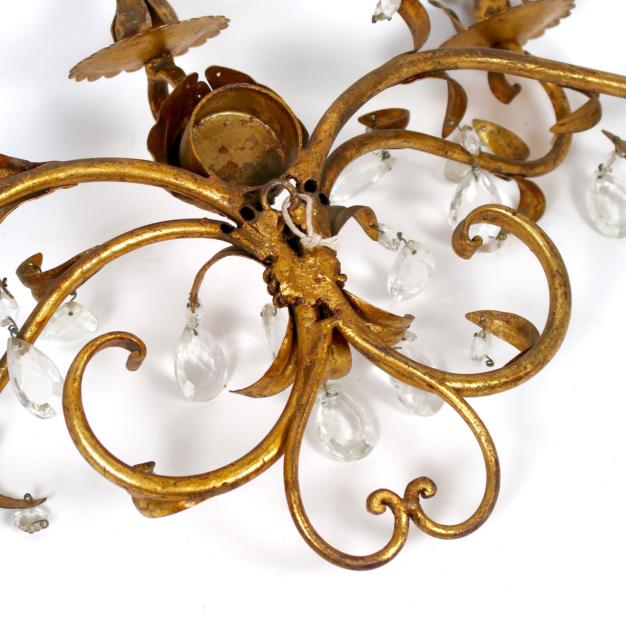Unusual gilt metal Italian wall light with glass drops circa 1950 .