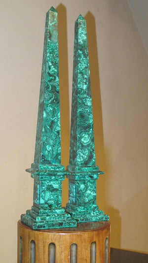 Pair of Malachite Veneered Classical Obelisks