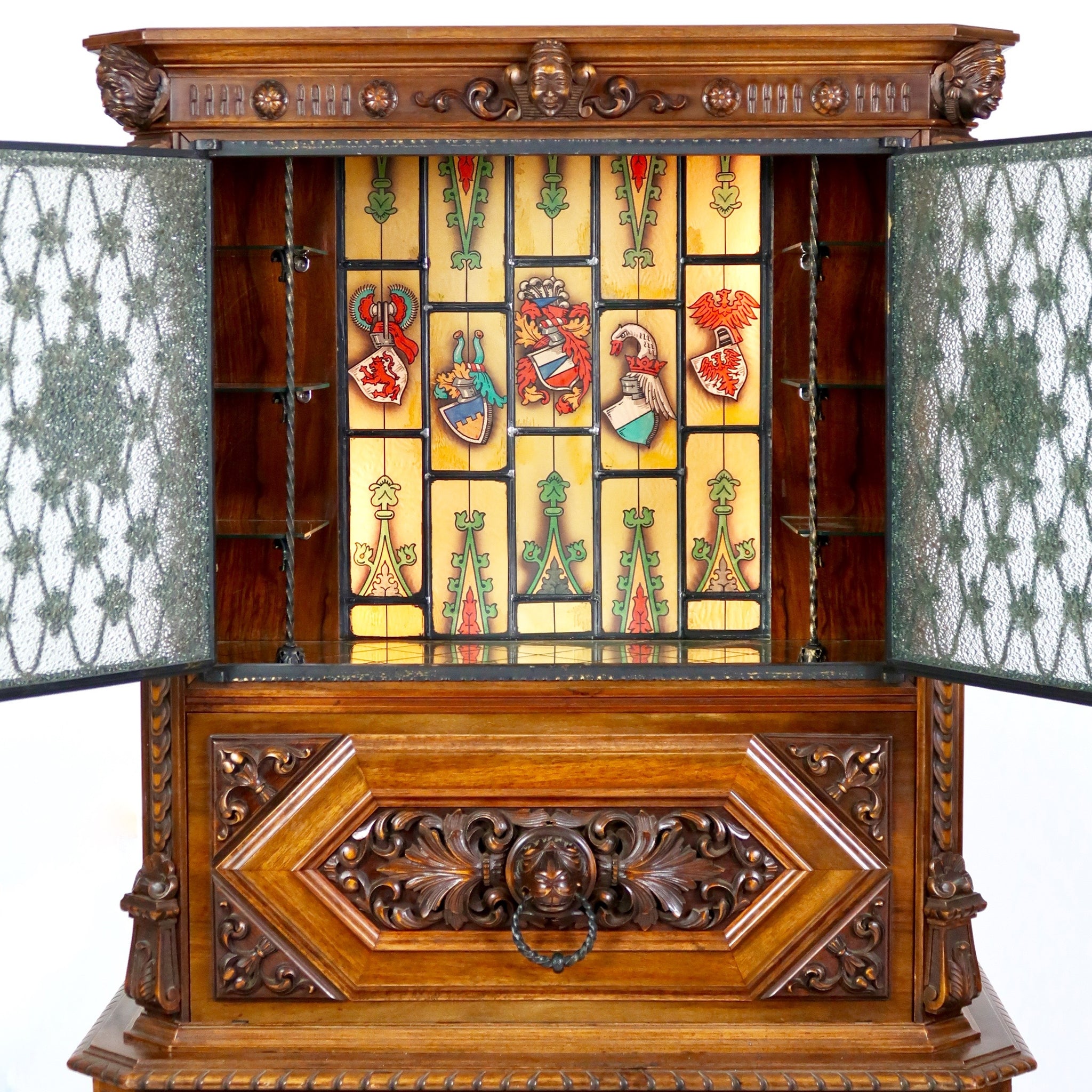 Stunning Italian 1950's Bar cabinet with illuminated stained glass interior.