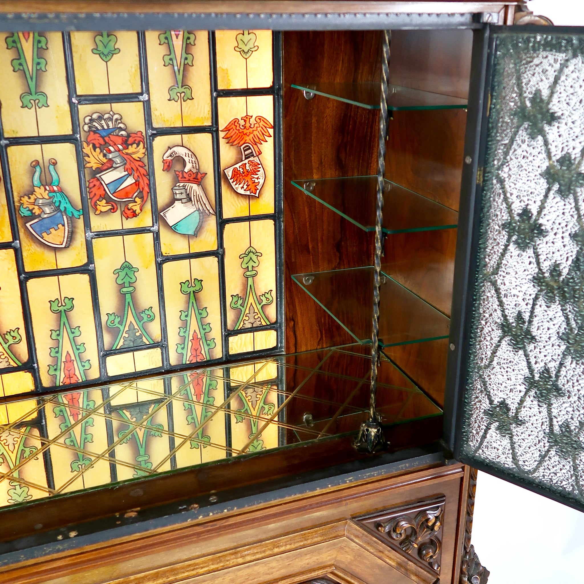 Stunning Italian 1950's Bar cabinet with illuminated stained glass interior.