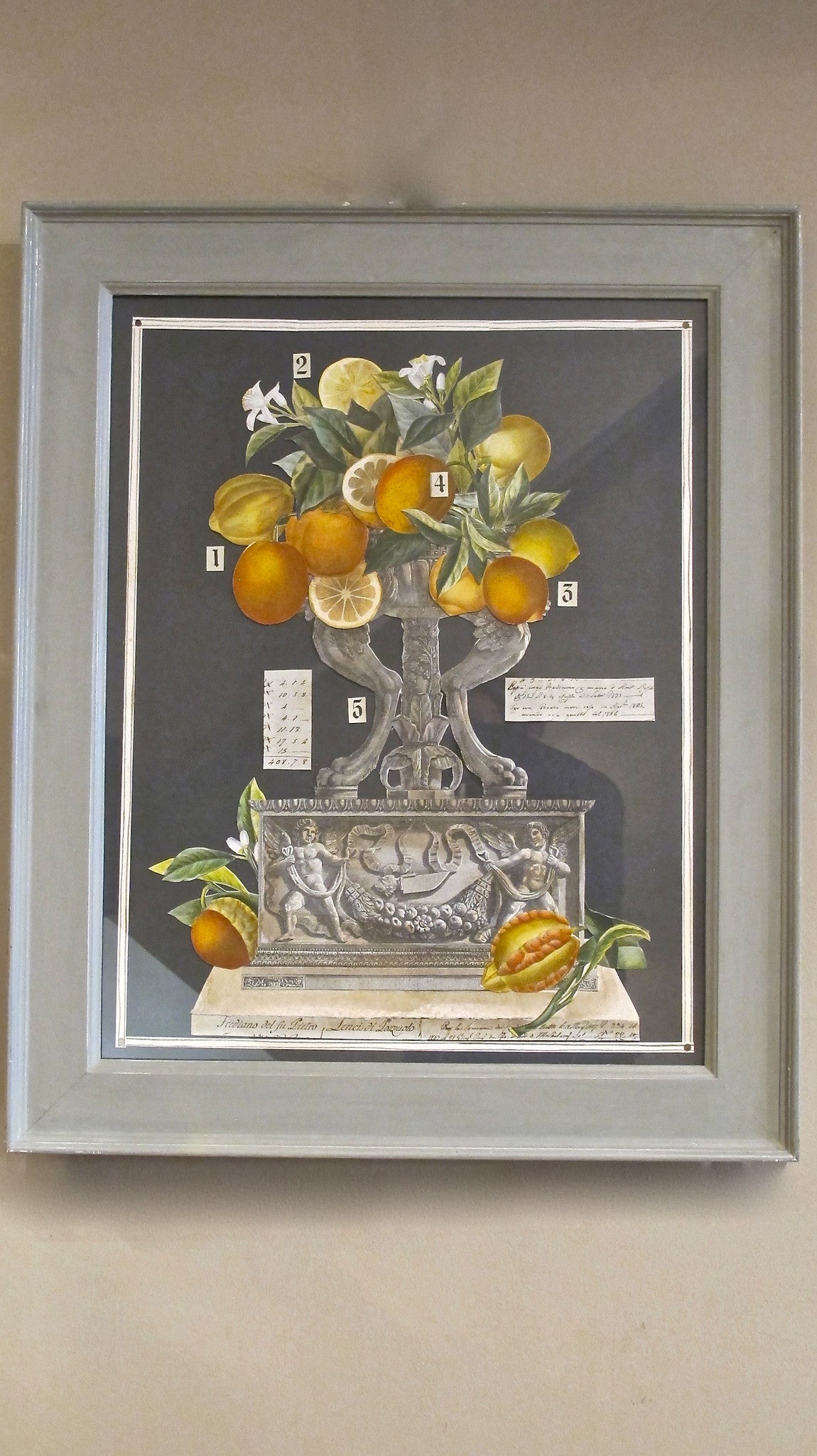 X Pair of classical Italian Collage`s  in original hand finished grey frames.