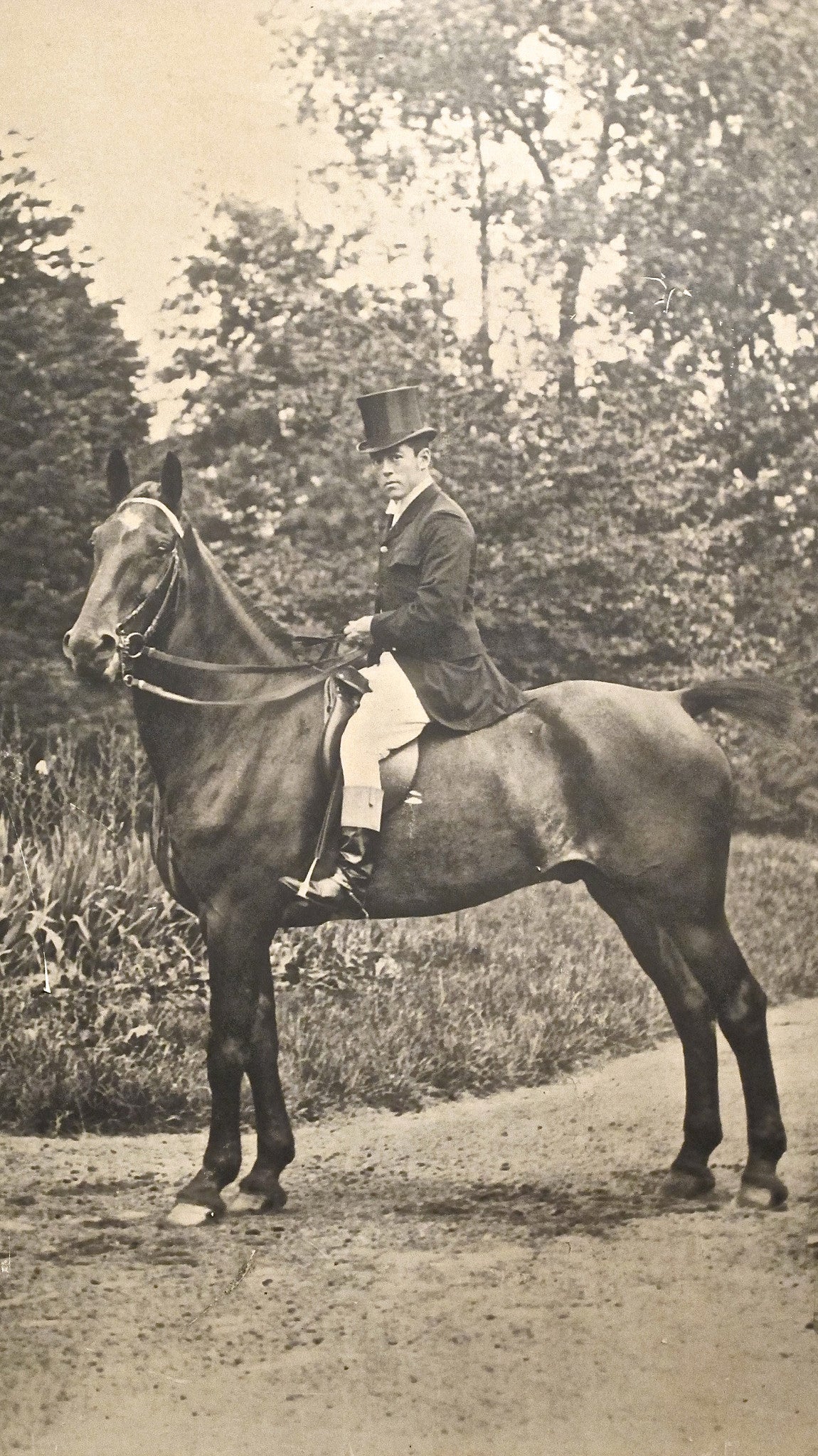 X A large photographic image of a huntsman on horseback in gilt frame. Early twentieth century.