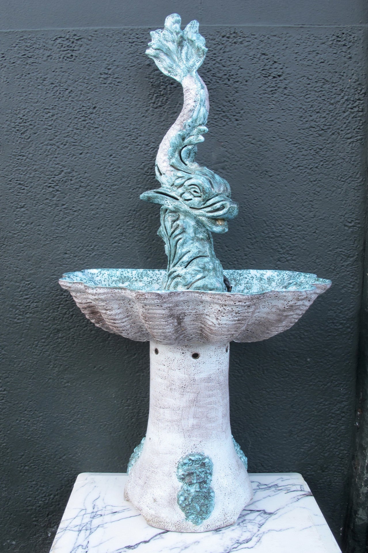 X 1950's Italian  ceramic fountain modelled as a dolphin in a clam shell basin.