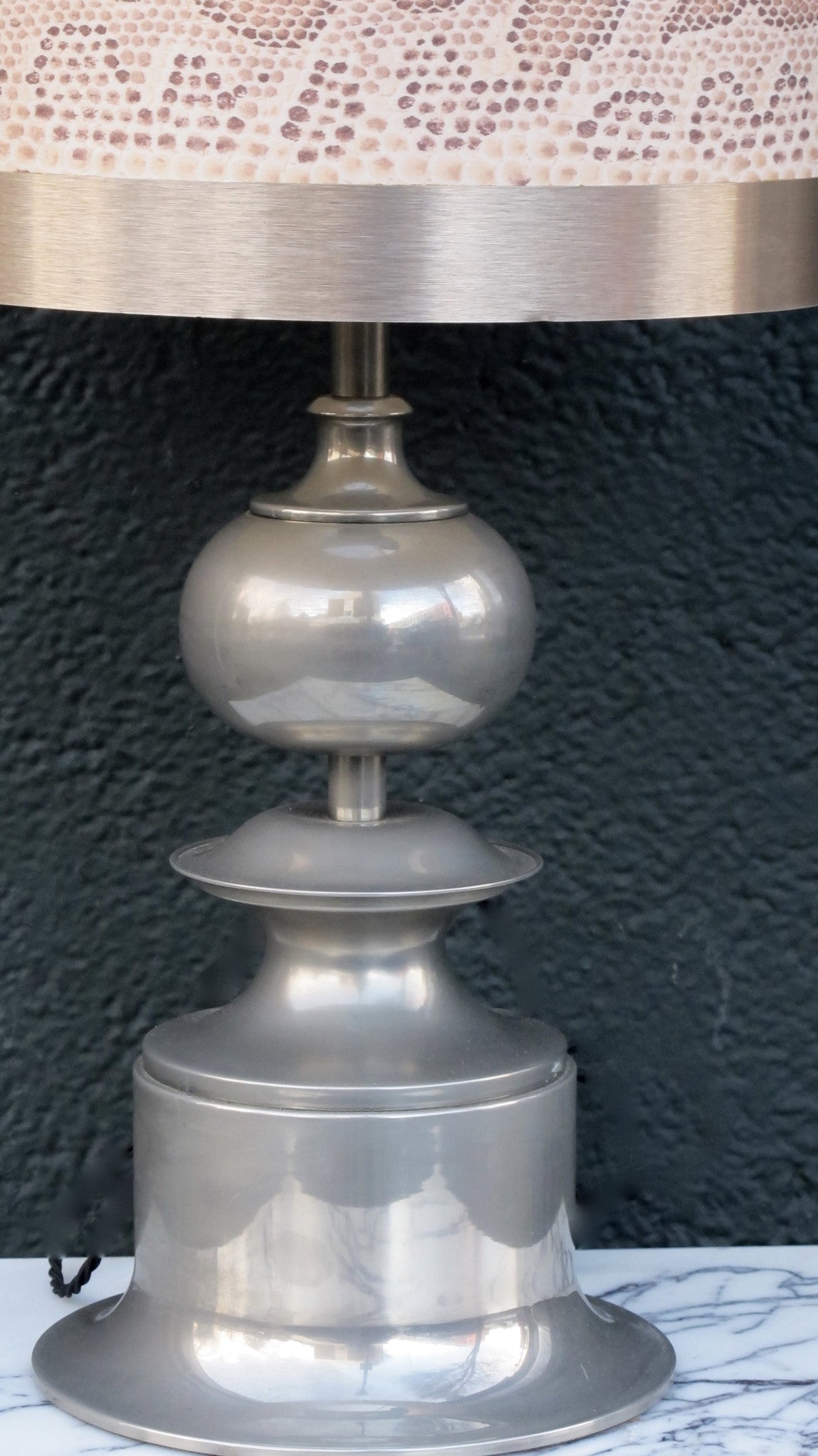 Fabulous 1970s Italian pewter table lamp with original faux snakeskin shade.