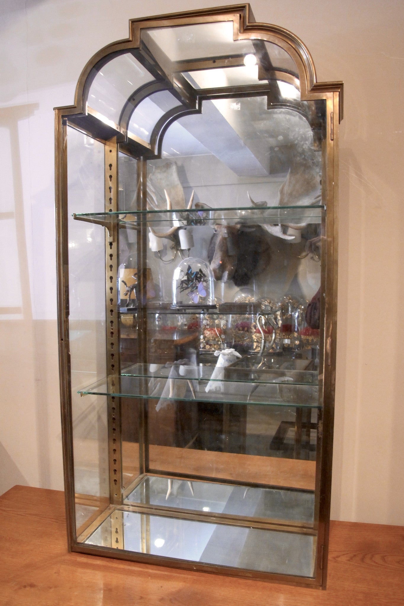 X Pair of Stunning brass 1920s Display cabinets ( curved glass detail)