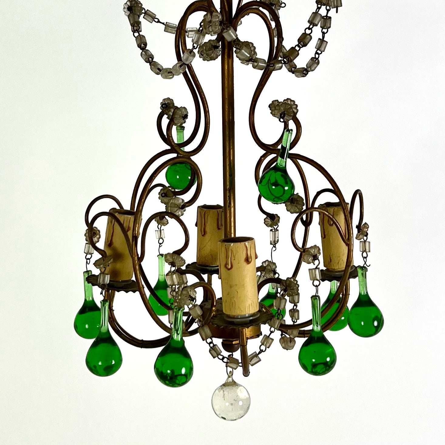 Small elegant vintage Italian chandelier with green glass drops.