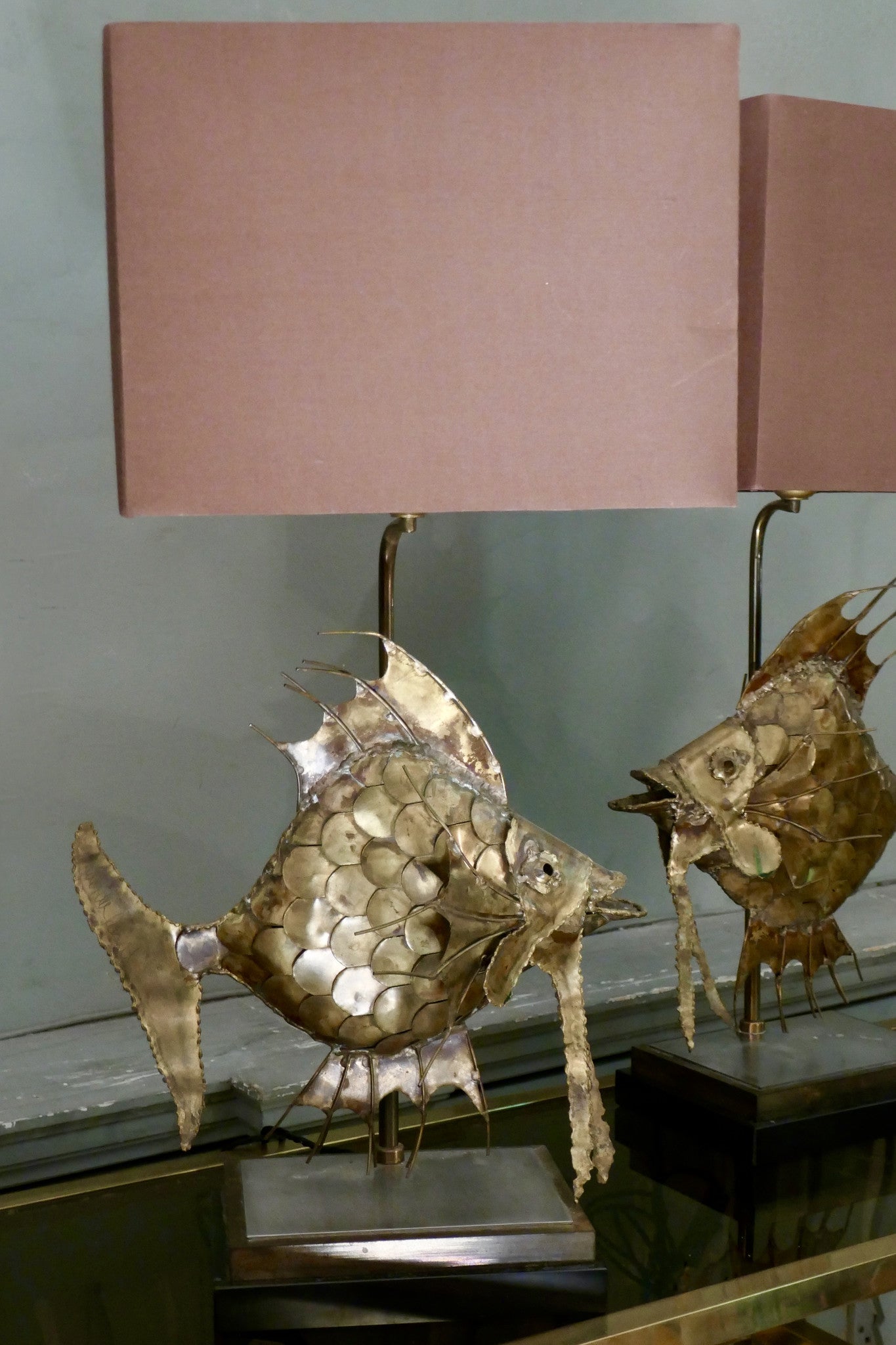 X Pair of Brass Fish Table Lamps