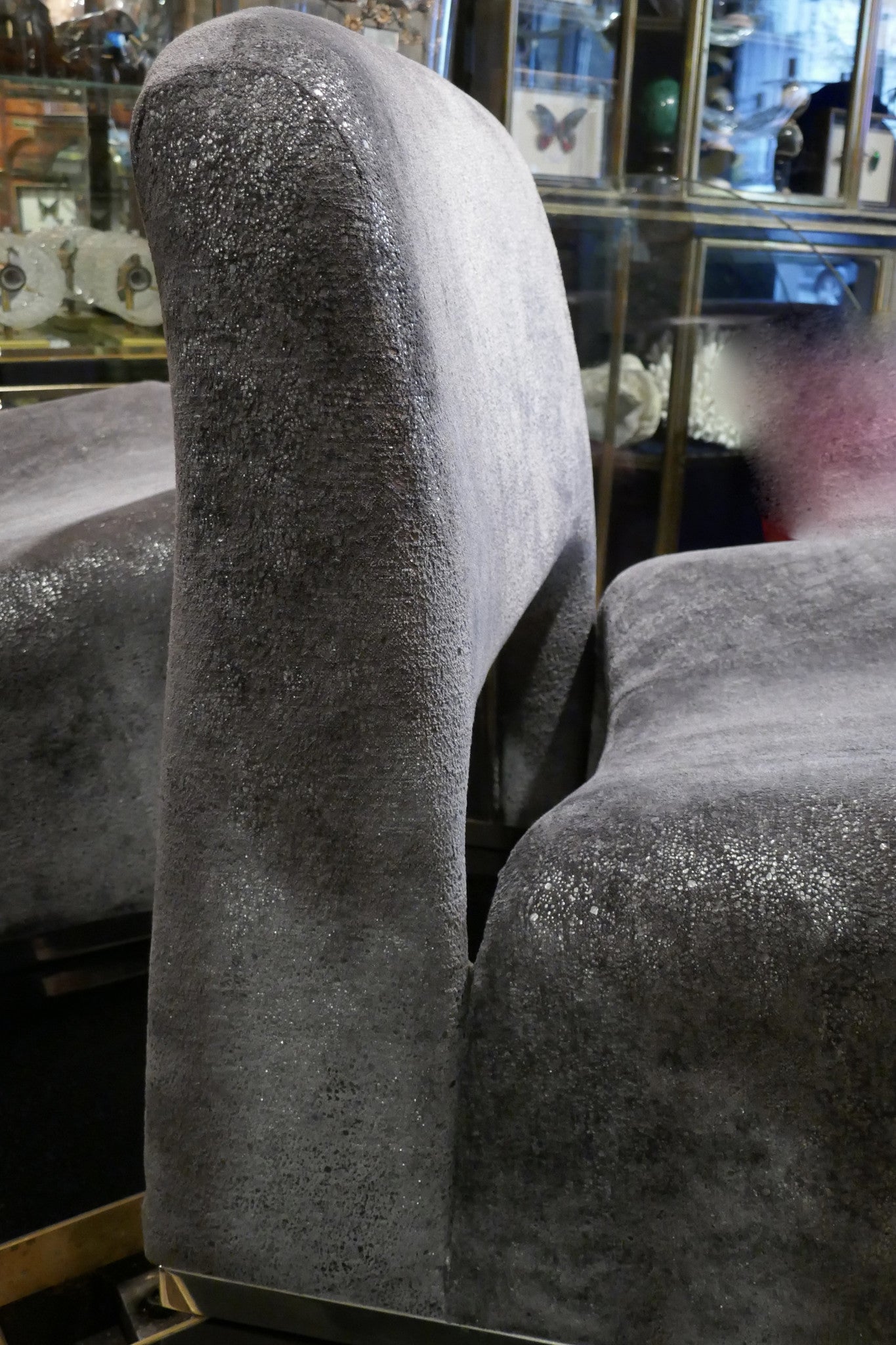 X Pair of French 1970s futuristic chairs re-upholstered in Romo metallic fabric.