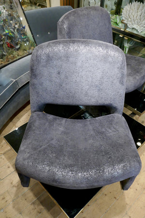 X Pair of French 1970s futuristic chairs re-upholstered in Romo metallic fabric.