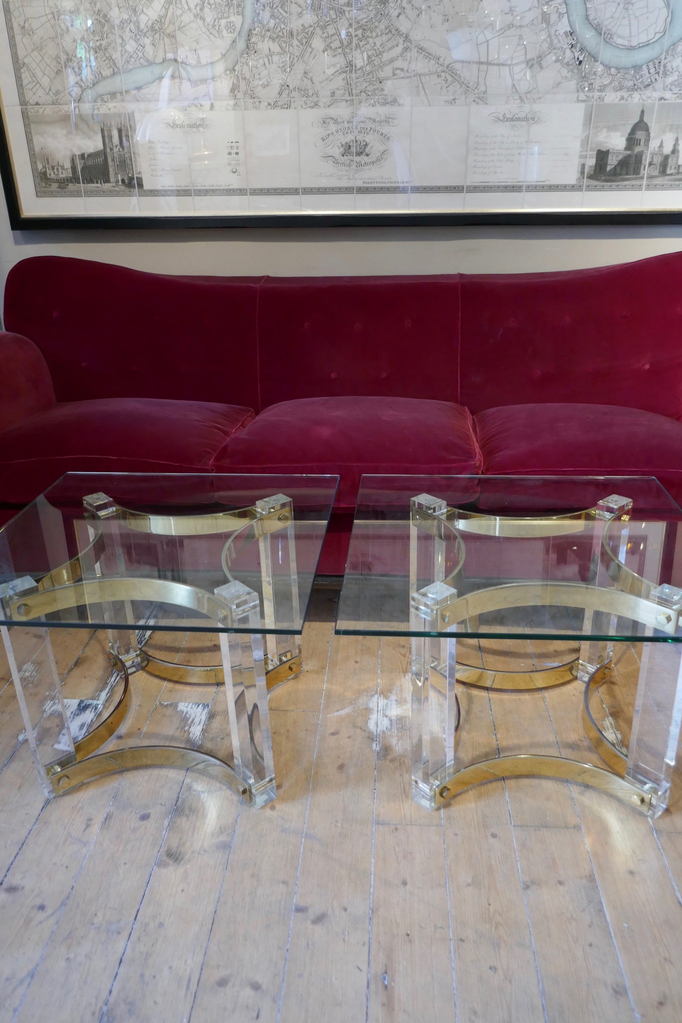 Decorative pair of 1970's lucite and brass side tables