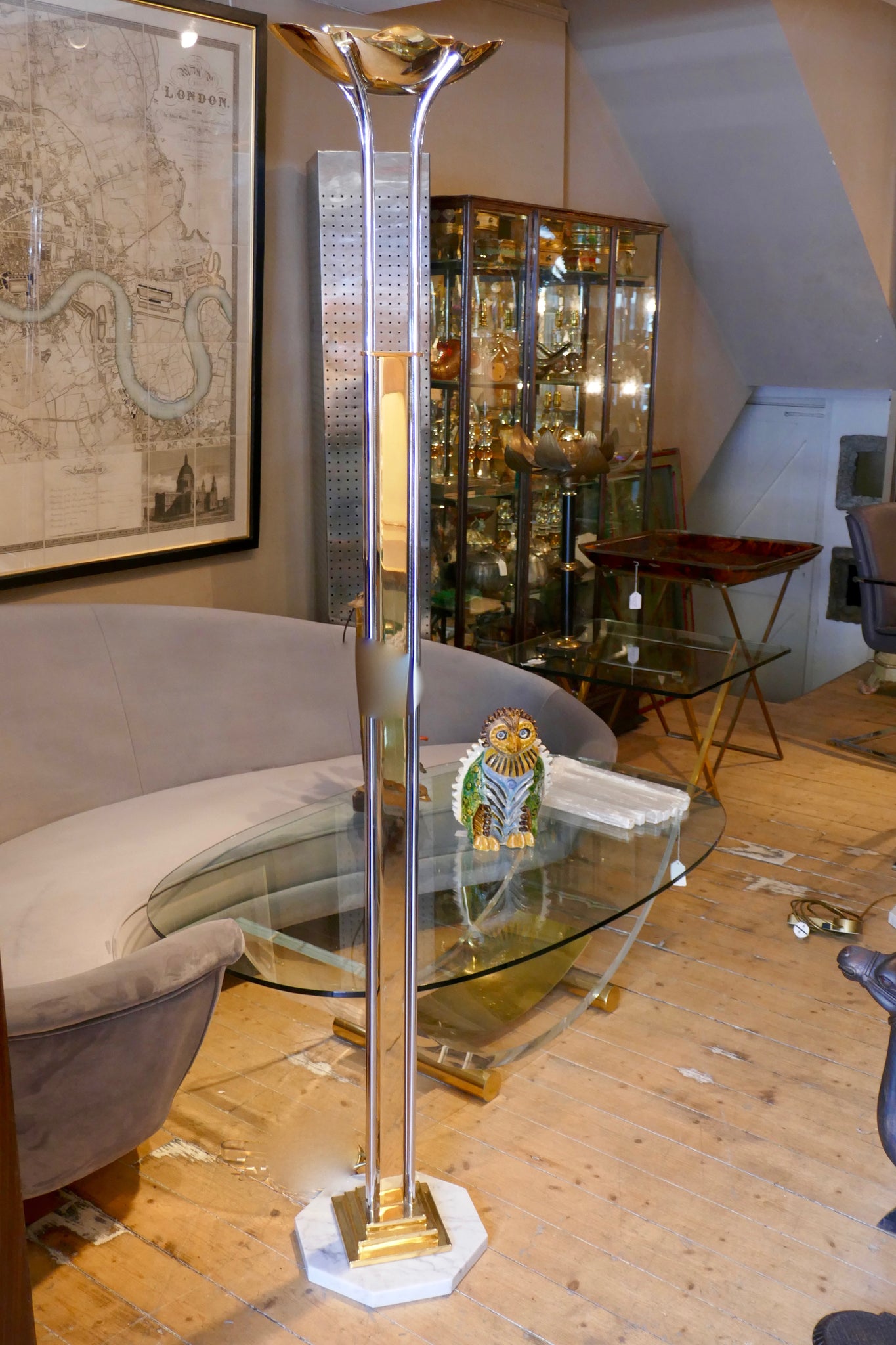 Decorative pair of 1970's chrome and gold Italian uplighters with octagonal marble bases