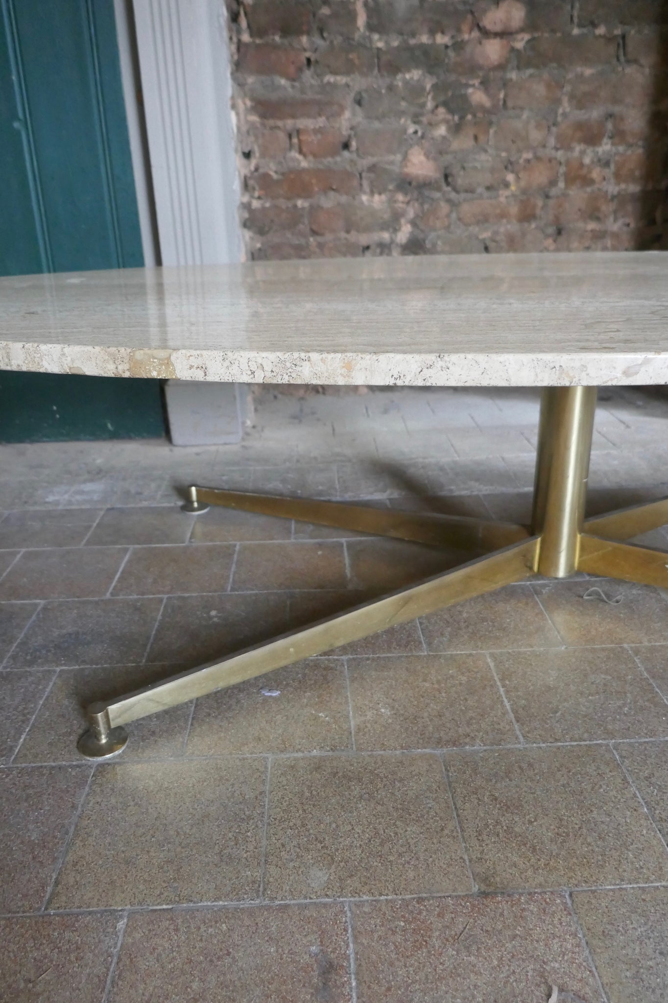Large Italian 1970's coffee table with elliptical travertine marble top