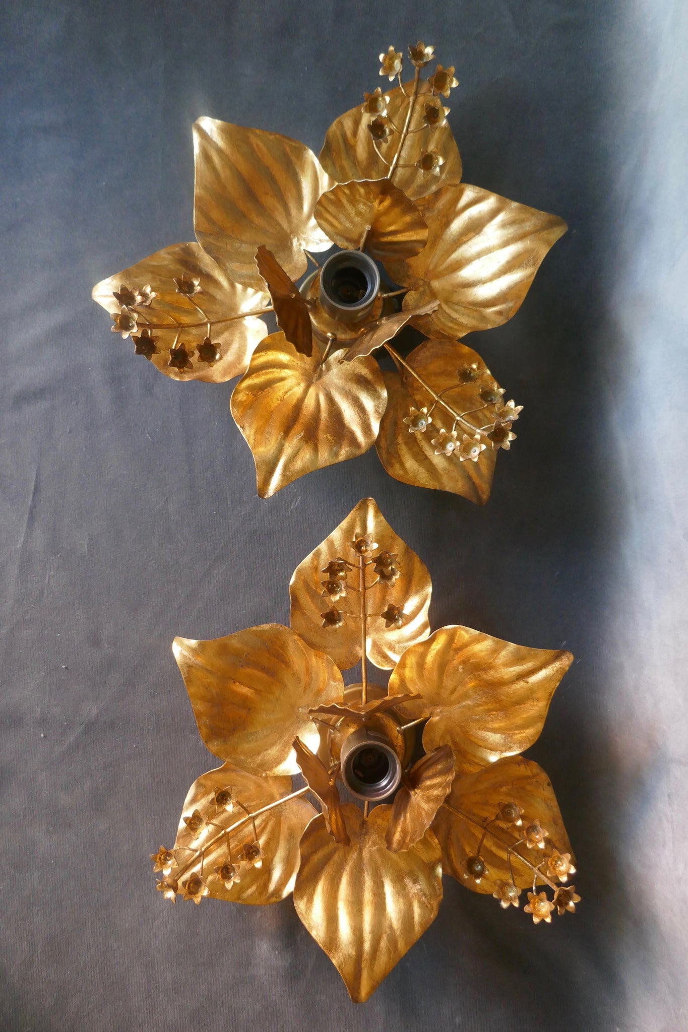 Pair of unusual gold wall light in the form of flowers . Italian circa 1960 .