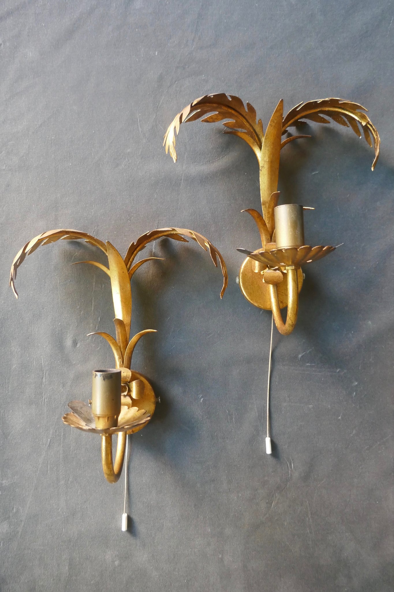 Pair of gilt Italian wall lights with palm frond detail circa 1960