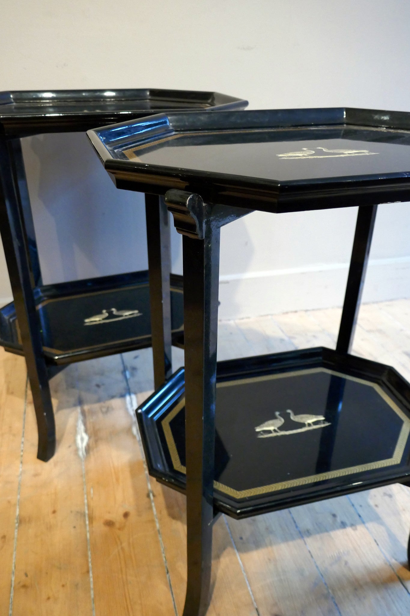 X Pair of decorative Black Italian black laquer side tables circa 1970. With lift off trays.
