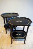 X Pair of decorative Black Italian black laquer side tables circa 1970. With lift off trays.