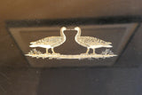 X Pair of decorative Black Italian black laquer side tables circa 1970. With lift off trays.