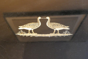 X Pair of decorative Black Italian black laquer side tables circa 1970. With lift off trays.