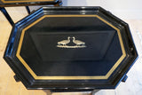 X Pair of decorative Black Italian black laquer side tables circa 1970. With lift off trays.
