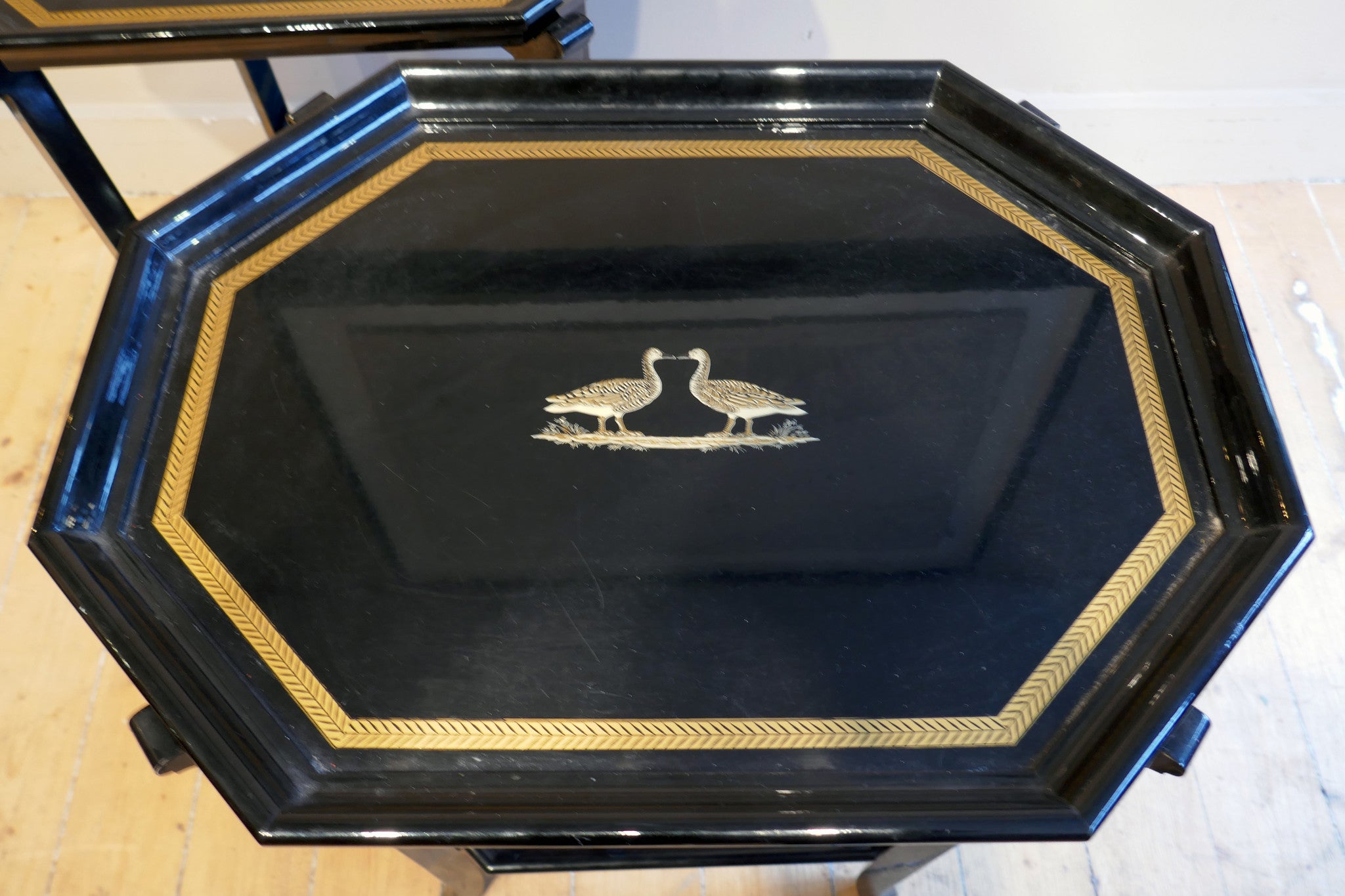 X Pair of decorative Black Italian black laquer side tables circa 1970. With lift off trays.